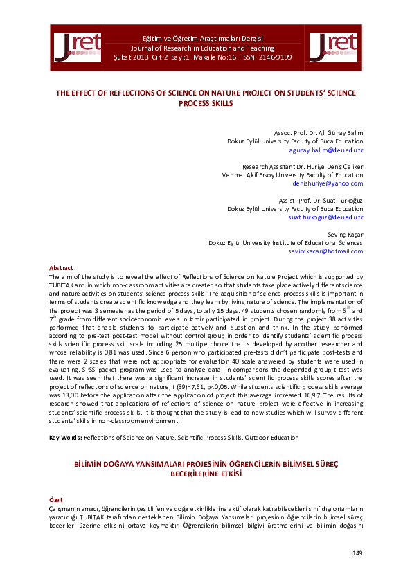 (PDF) THE EFFECT OF REFLECTIONS OF SCIENCE ON NATURE PROJECT ON ...