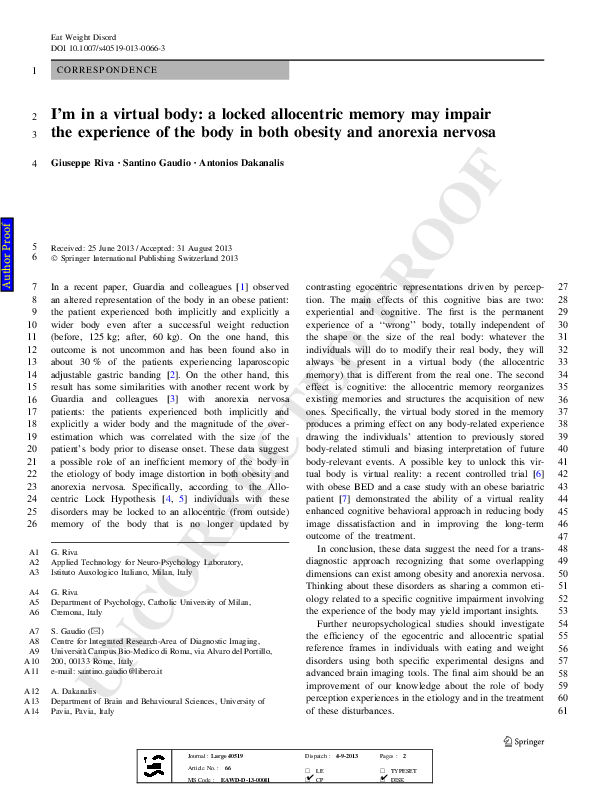 (PDF) I’m in a virtual body: a locked allocentric memory may impair the ...