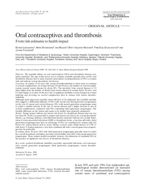 (PDF) Oral contraceptives and thrombosis, From risk estimates to health