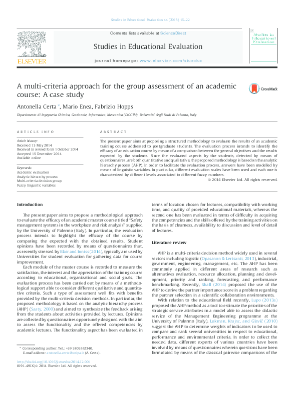 (PDF) A multi-criteria approach for the group assessment of an academic ...