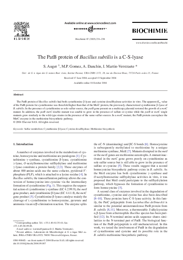(PDF) The PatB protein of Bacillus subtilis is a C-S-lyase