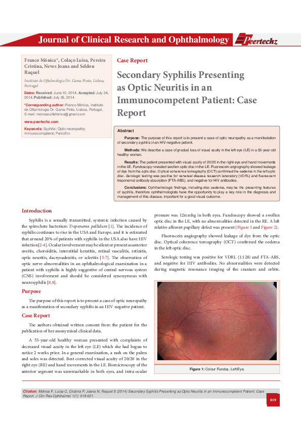 (PDF) Secondary Syphilis Presenting as Optic Neuritis in an Patient Case Report