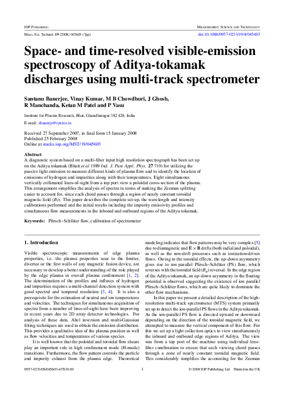 (PDF) Space and timeresolved visibleemission spectroscopy of Aditya