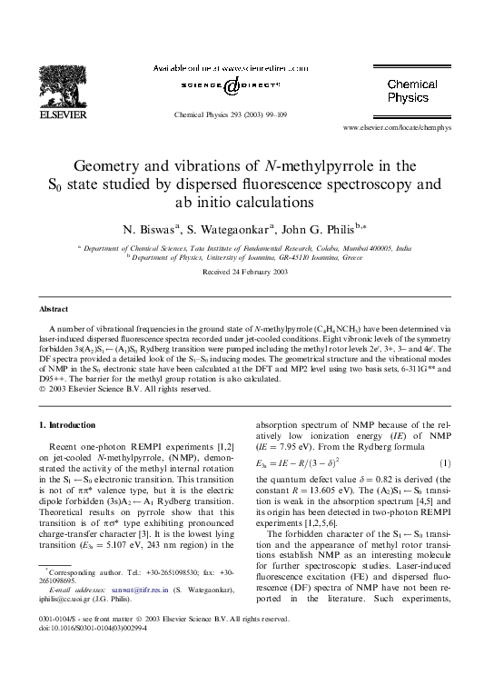 (PDF) Geometry and vibrations of Nmethylpyrrole in the S0 state