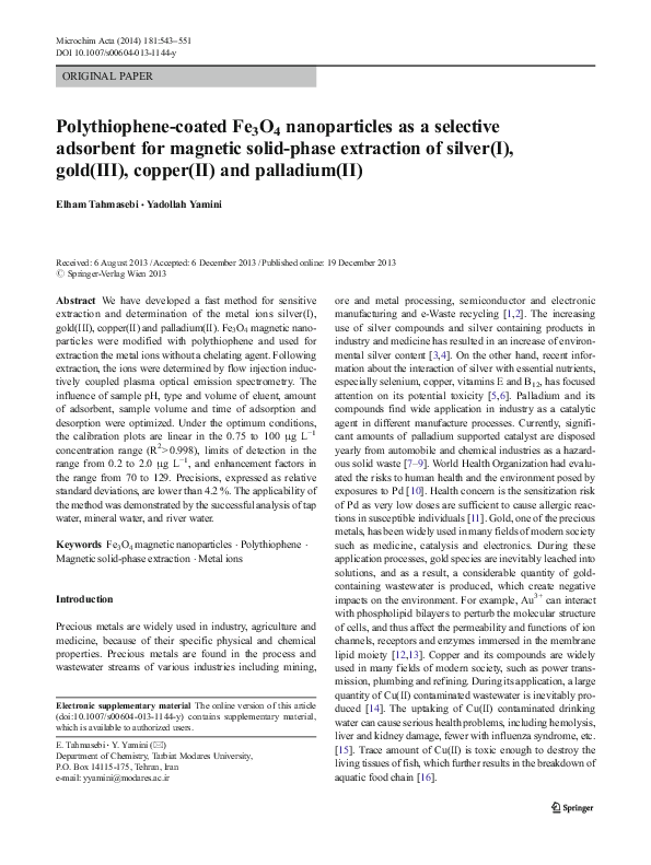 (PDF) Polythiophene-coated Fe3O4 nanoparticles as a selective adsorbent ...