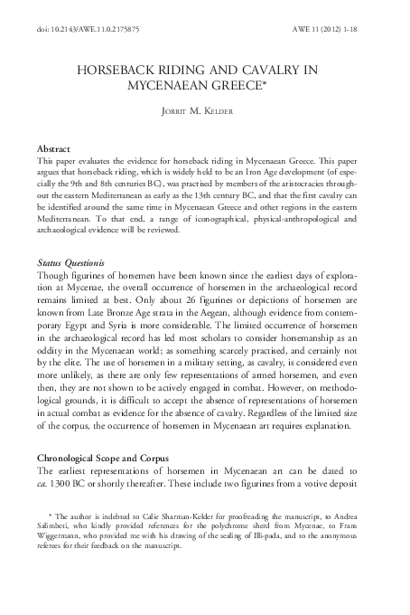 First page of “Horseback riding and Cavalry in Mycenaean Greece”