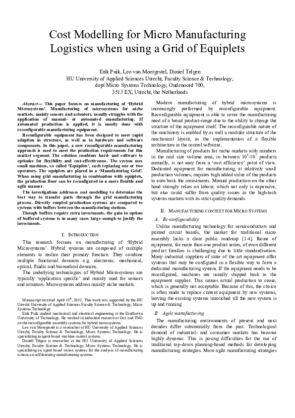 (PDF) Cost modelling for micro manufacturing logistics when using a