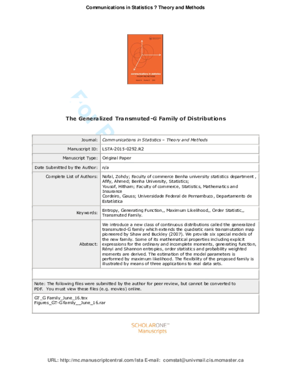 (PDF) The Generalized Transmuted-G Family of Distributions