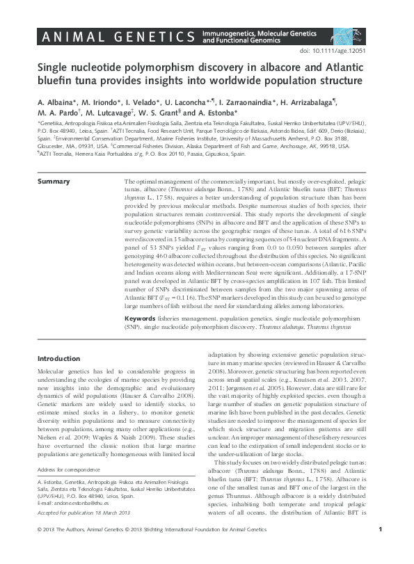 (PDF) Single nucleotide polymorphism discovery in albacore and Atlantic ...