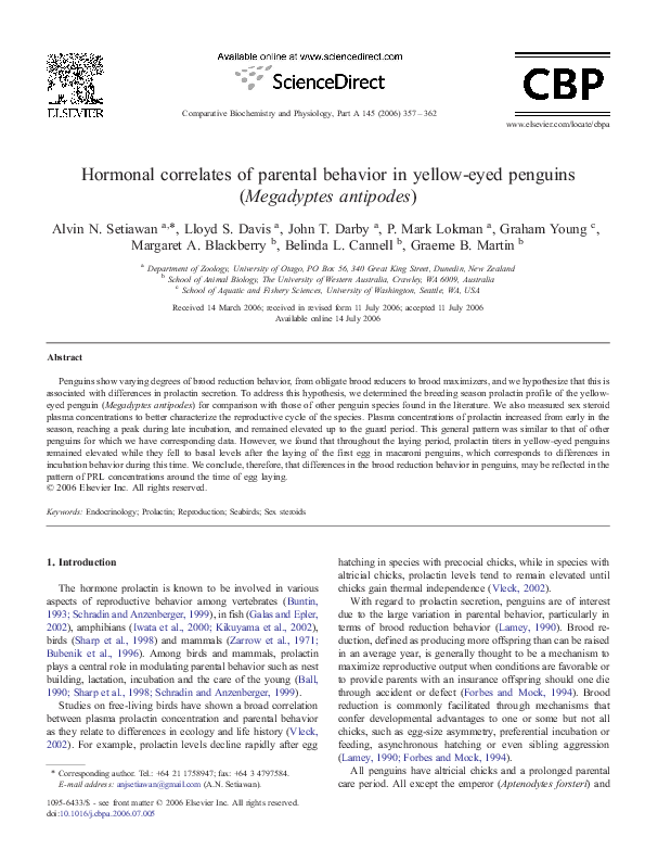 (PDF) Hormonal correlates of parental behavior in yellow-eyed penguins ...