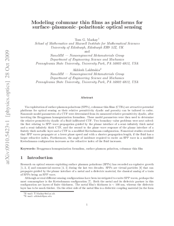 (PDF) Modeling columnar thin films as platforms for surface–plasmonic ...