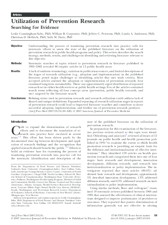 (PDF) Utilization of Prevention Research