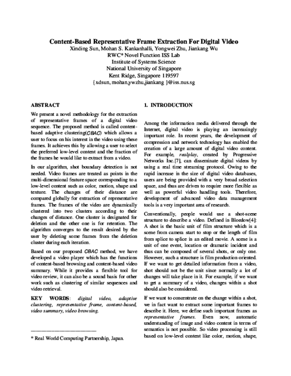 (PDF) Content-based representative frame extraction for digital video