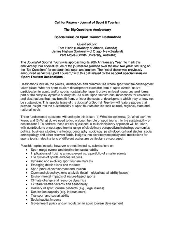 (PDF) Call for Papers -Journal of Sport & Tourism The Big Questions ...