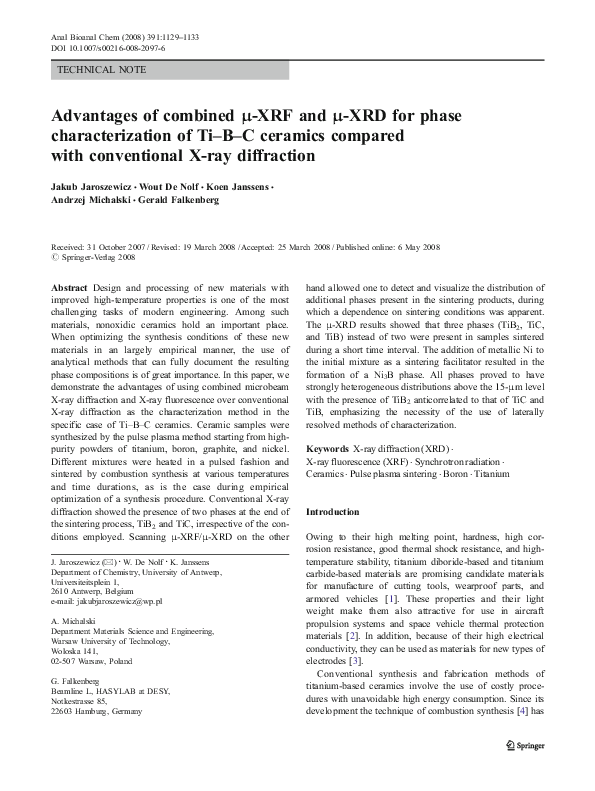Pdf Advantages Of Combined M Xrf And M Xrd For Phase Characterization Of Ti B C Ceramics Compared With Conventional X Ray Diffraction Koen H Janssens Academia Edu
