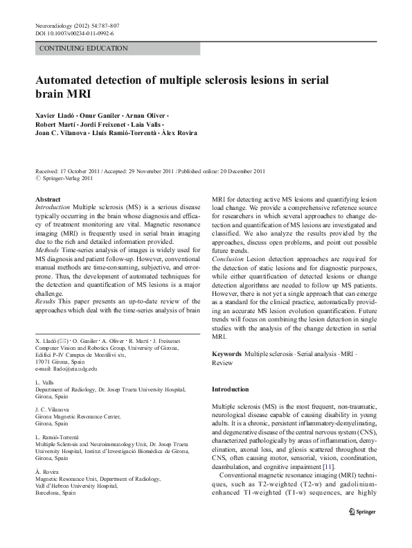(PDF) Segmentation of multiple sclerosis lesions in brain MRI: A review ...