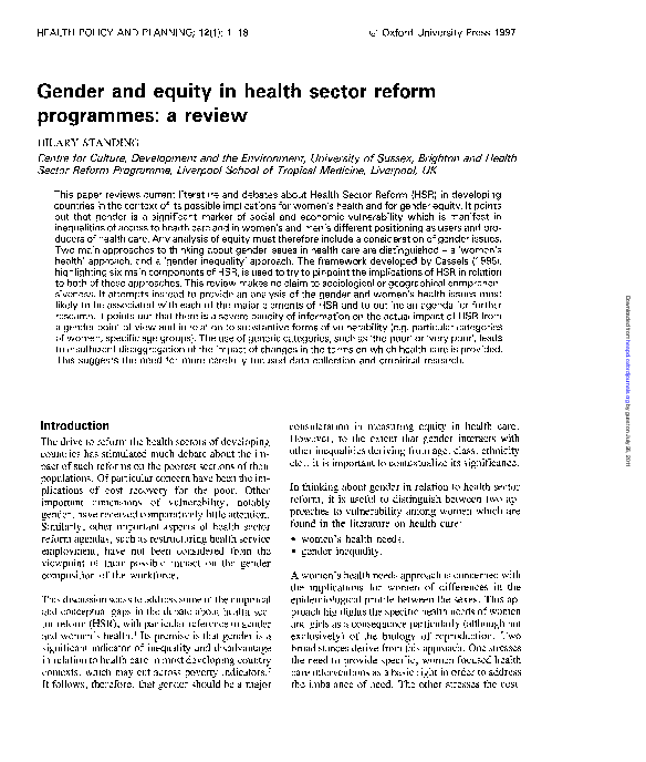 (PDF) Gender and Equity in Health Sector Reform Rrogrammes: A Review
