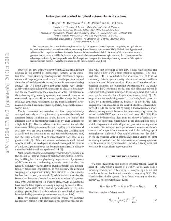 (PDF) Entanglement control in hybrid optomechanical systems