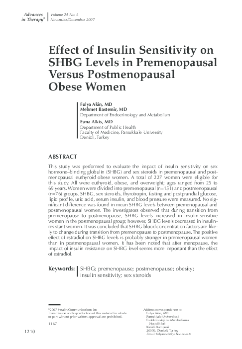 (PDF) Effect of insulin sensitivity on SHBG levels in premenopausal ...