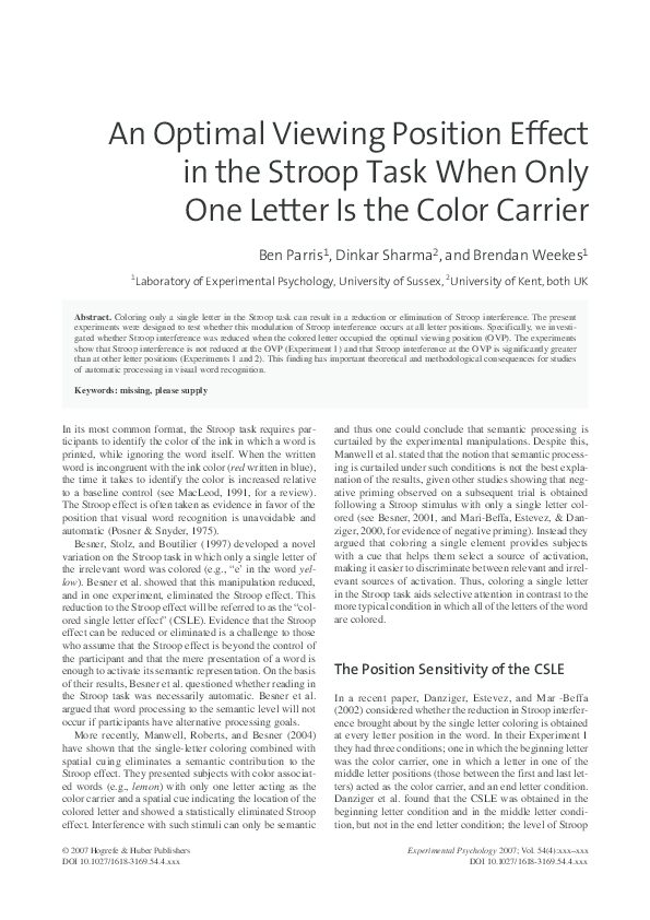 (PDF) An Optimal Viewing Position Effect in the Stroop Task When Only ...