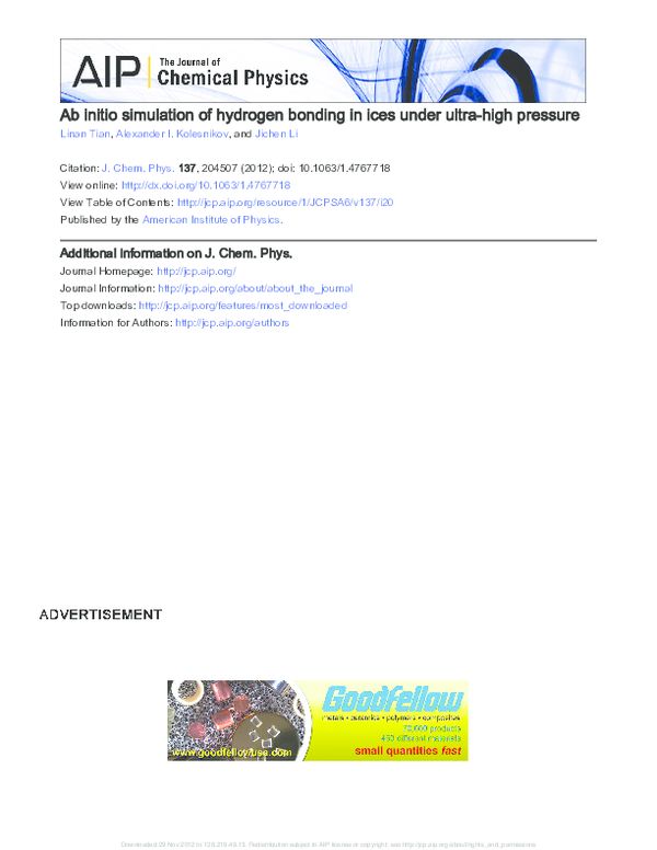 (PDF) Ab initio simulation of hydrogen bonding in ices under ultra-high ...