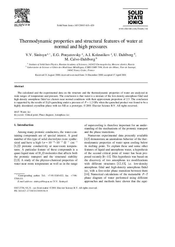(PDF) Thermodynamic properties and structural features of water at ...