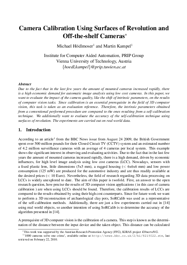 (PDF) Camera Calibration Using Surfaces of Revolution and Offtheshelf