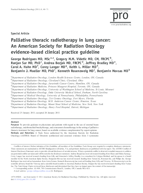 (PDF) Palliative thoracic radiotherapy in lung cancer: An American ...