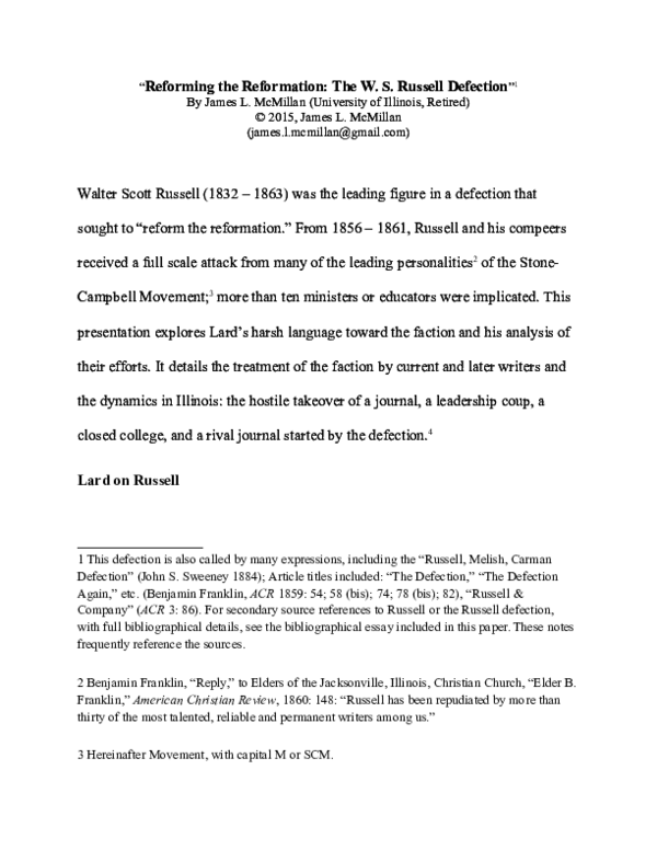 (DOC) Reforming the Reformation: The W. S. Russell Defection
