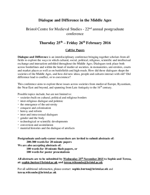 Pdf Cfp Dialogue And Difference In The Middle Ages Bristol Uk Teresa Witcombe Academia Edu