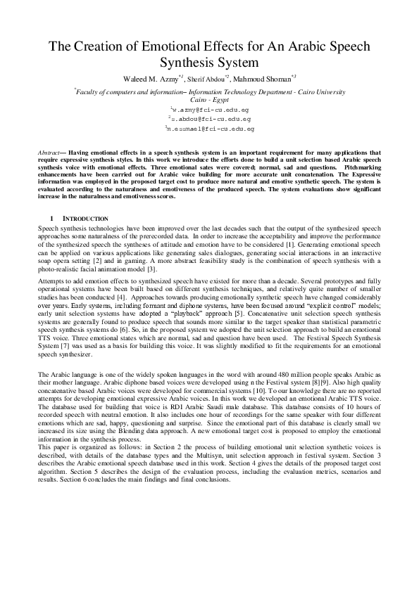 (PDF) The Creation of Emotional Effects For An Arabic Speech Synthesis ...