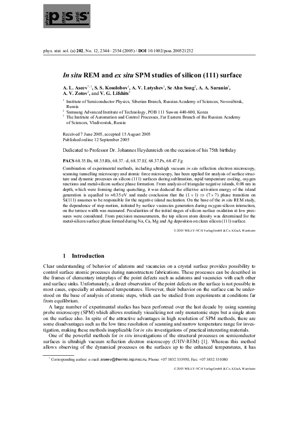 (PDF) In situ REM and ex situ SPM studies of silicon (111) surface