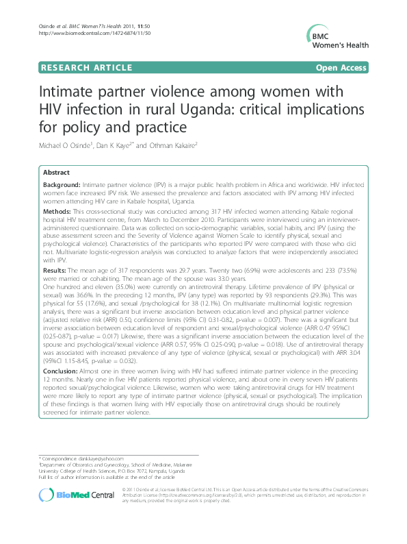 (PDF) Intimate partner violence among women with HIV infection in rural ...
