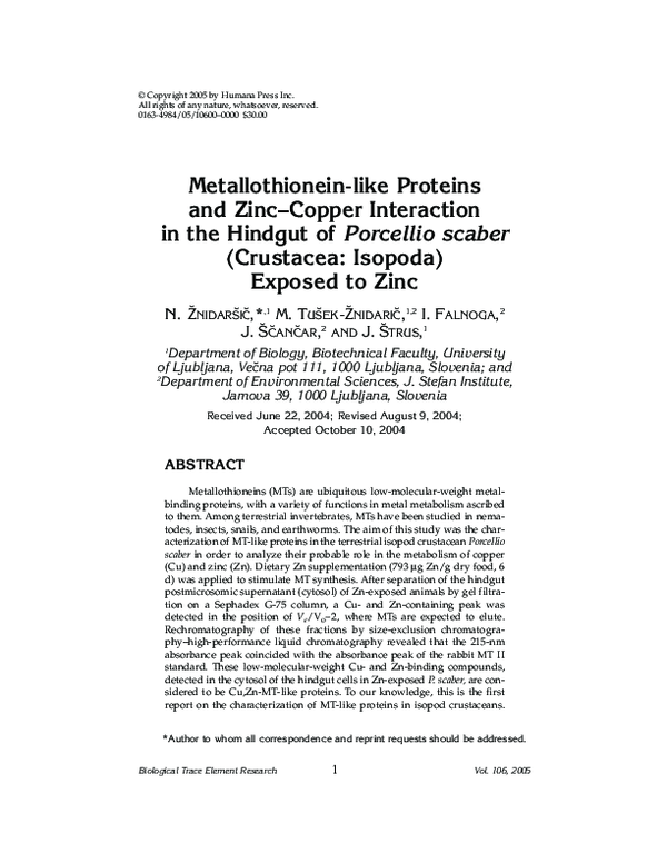 (PDF) Metallothioneinlike Proteins and ZincCopper Interaction in the