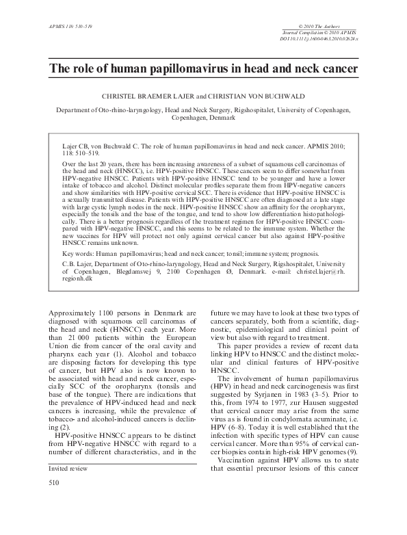 (PDF) The role of human papillomavirus in head and neck cancer