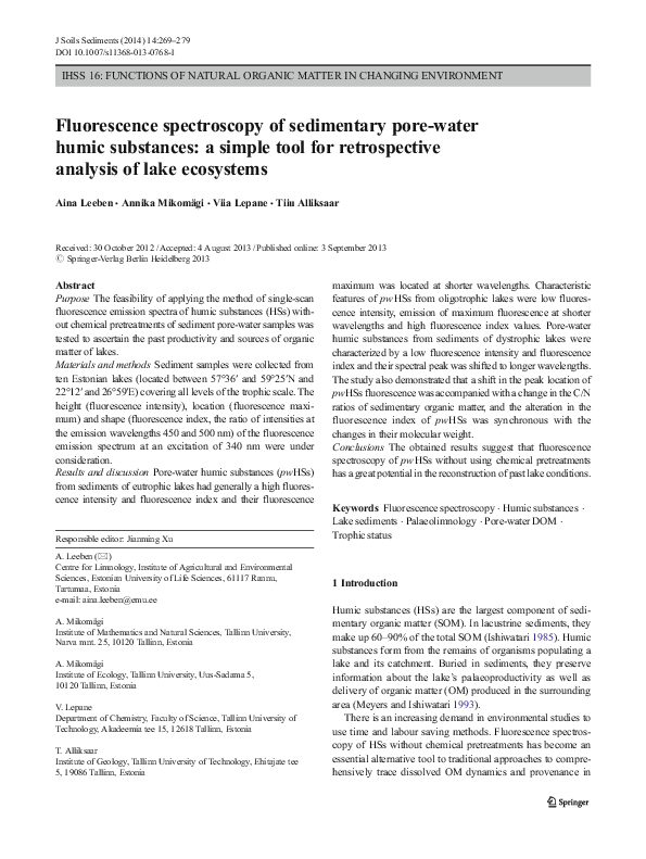 (PDF) Fluorescence spectroscopy of sedimentary porewater humic