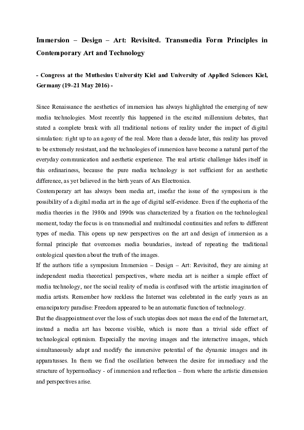 (PDF) CFP - Immersion – Design – Art: Revisited. Transmedia Form ...
