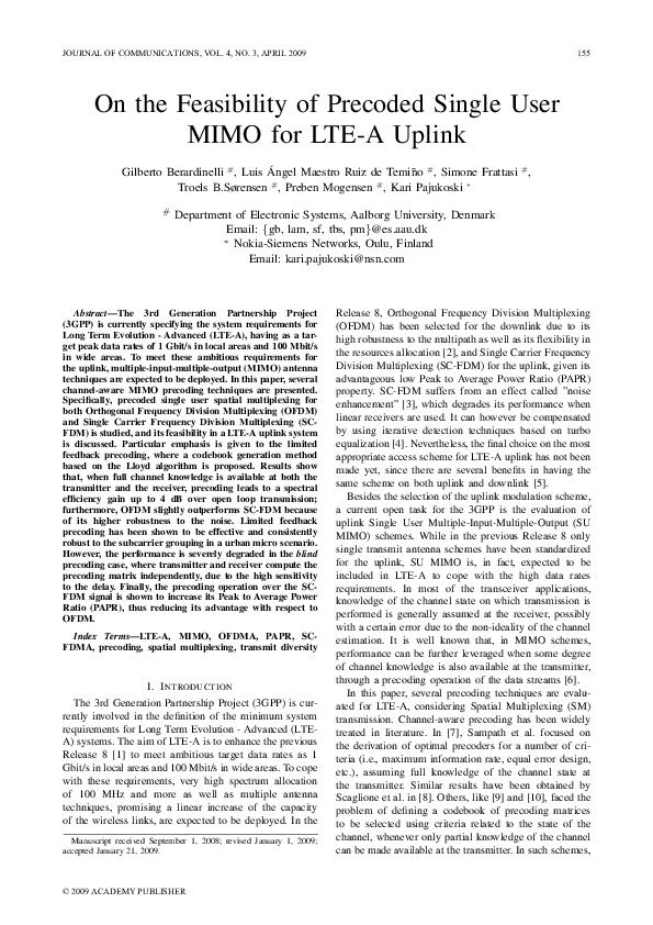 (PDF) On the Feasibility of Precoded Single User MIMO for LTE-A Uplink