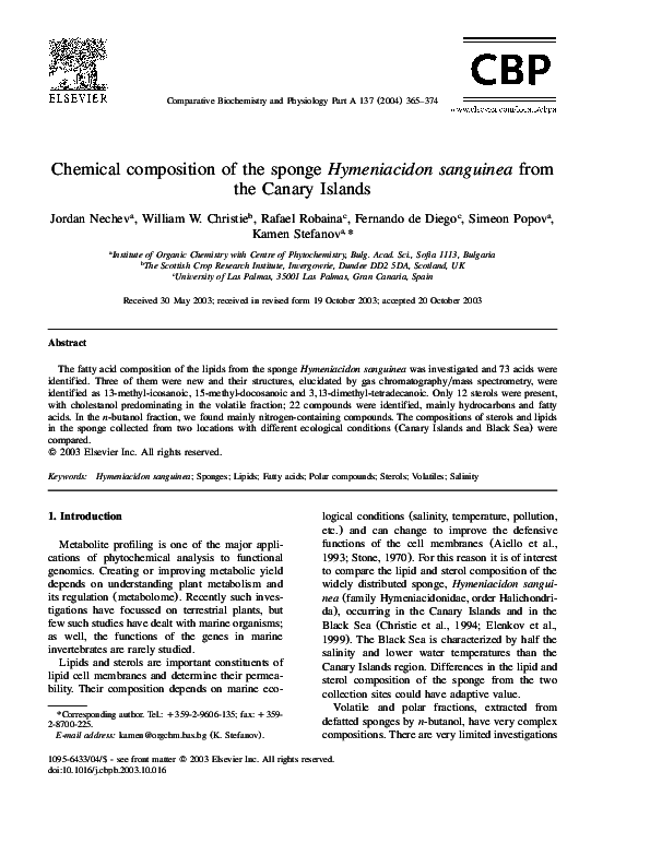 (PDF) Chemical composition of the sponge Hymeniacidon sanguinea from ...