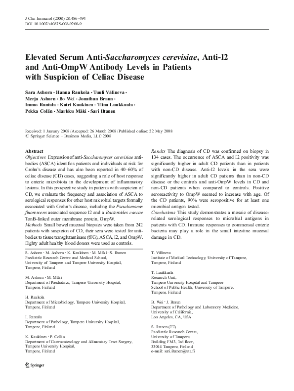 (PDF) Elevated Serum AntiSaccharomyces cerevisiae, AntiI2 and Anti