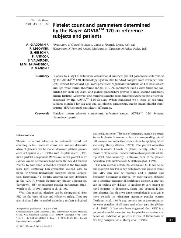 (PDF) Platelet count and parameters determined by the Bayer ADVIA 120 ...