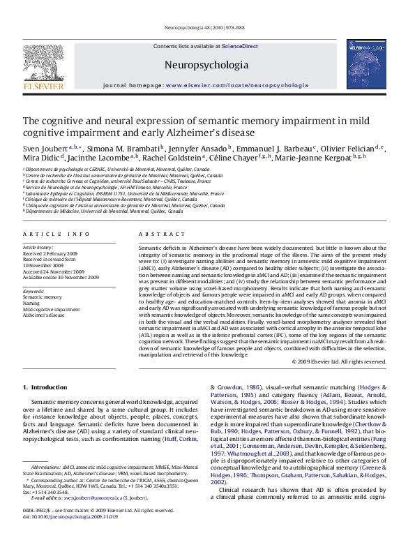(PDF) The cognitive and neural expression of semantic memory impairment ...
