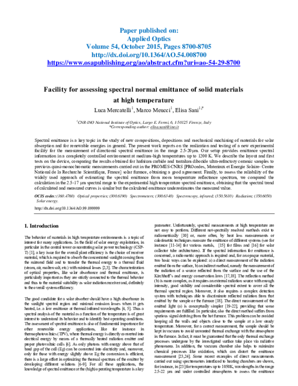 Facility for assessing spectral normal emittance of solid materials at ...