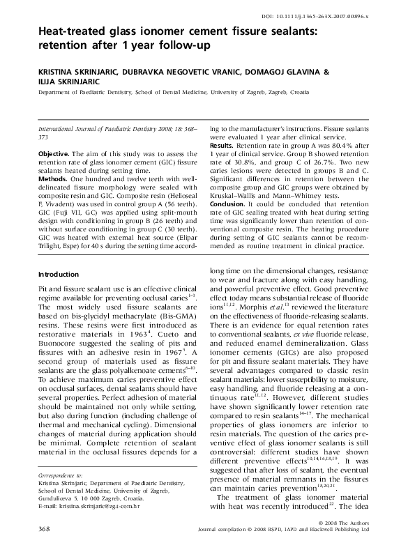 (PDF) Heattreated glass ionomer cement fissure sealants retention