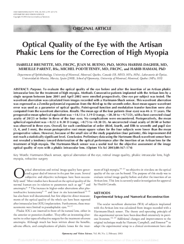 (PDF) Optical Quality of the Eye with the Artisan Phakic Lens for the Correction of High Myopia
