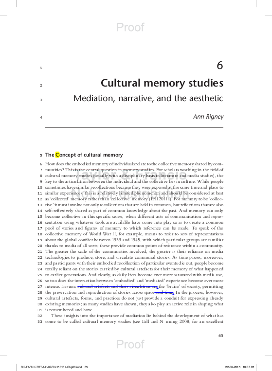 Pdf Cultural Memory Studies Mediation Narrative And The Aesthetic Ann Rigney Academia Edu