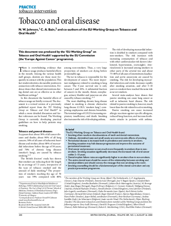 (PDF) Tobacco Intervention Tobacco and oral disease Crawford Bain
