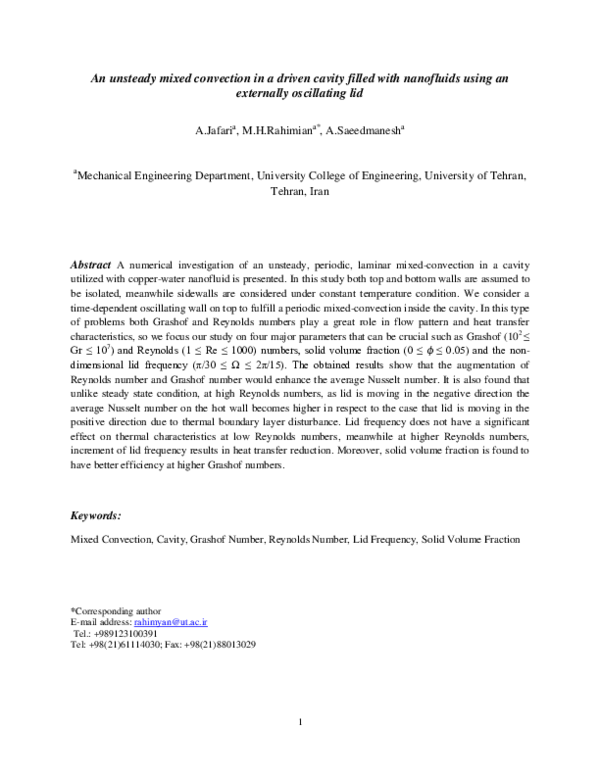 (PDF) An unsteady mixed convection in a driven cavity filled with ...