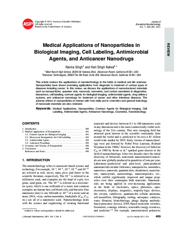 (PDF) Medical Applications of Nanoparticles in Biological Imaging, Cell ...