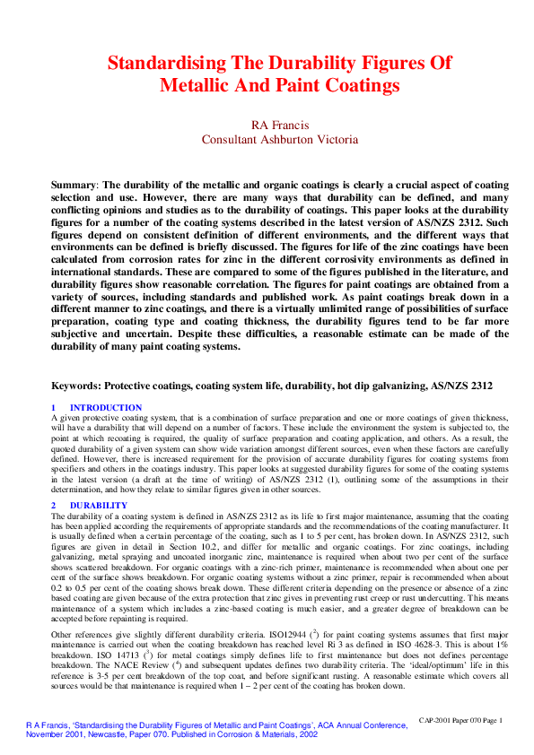 (PDF) Standardising The Durability Figures Of Metallic And Paint Coatings